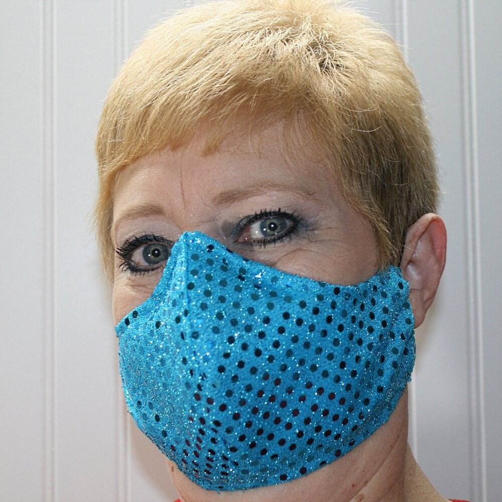 HAND CRAFTED Face Mask Turquoise Confetti Dot Sequin - Adult - Shield Style